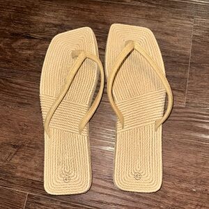 Woven Square-Toe Flip Flop Sandals in Beige